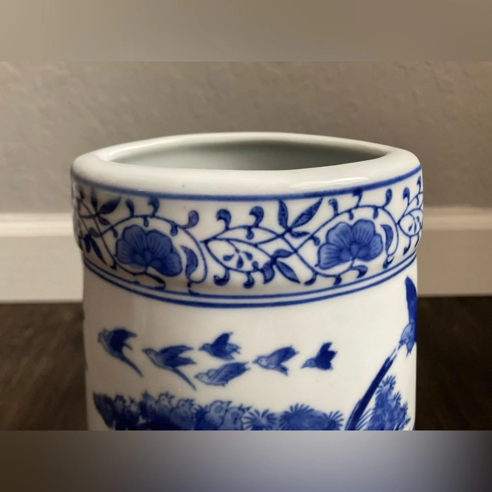 Formalities by Baum Bros Blue White Chinese Vase with Birds Trees Roosters Owl